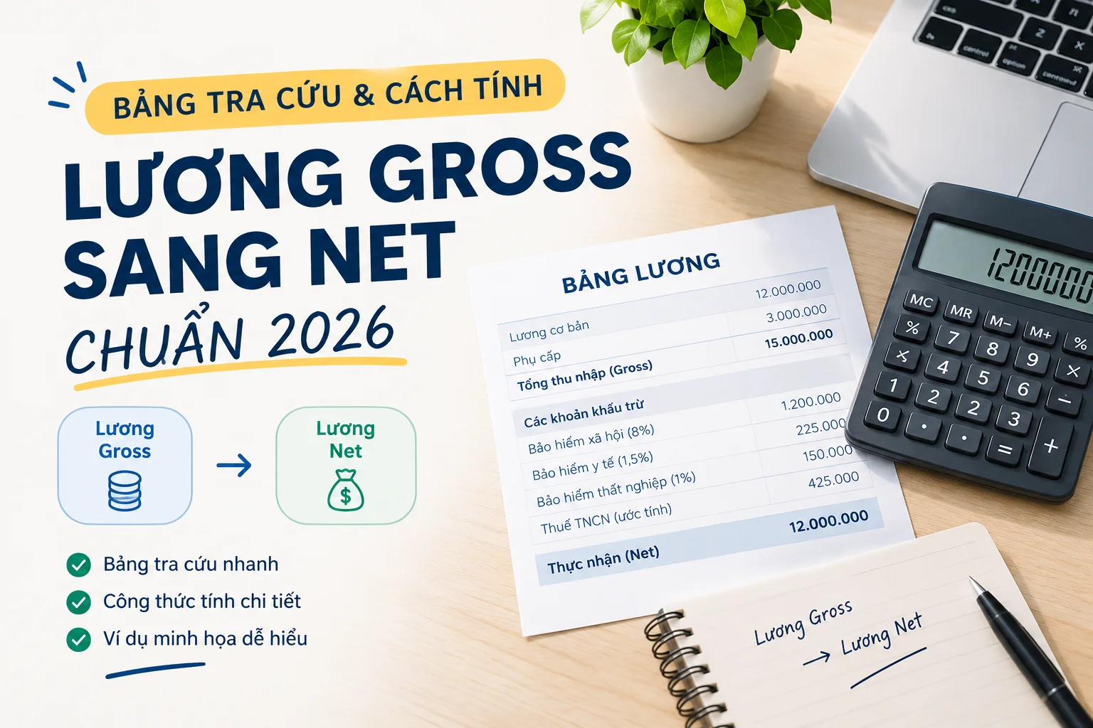 BẢNG TRA CỨU & CÁCH TÍNH LƯƠNG GROSS SANG NET CHUẨN 2026 Ảnh bìa bài “BẢNG TRA CỨU & CÁCH TÍNH LƯƠNG GROSS SANG NET CHUẨN 2026”